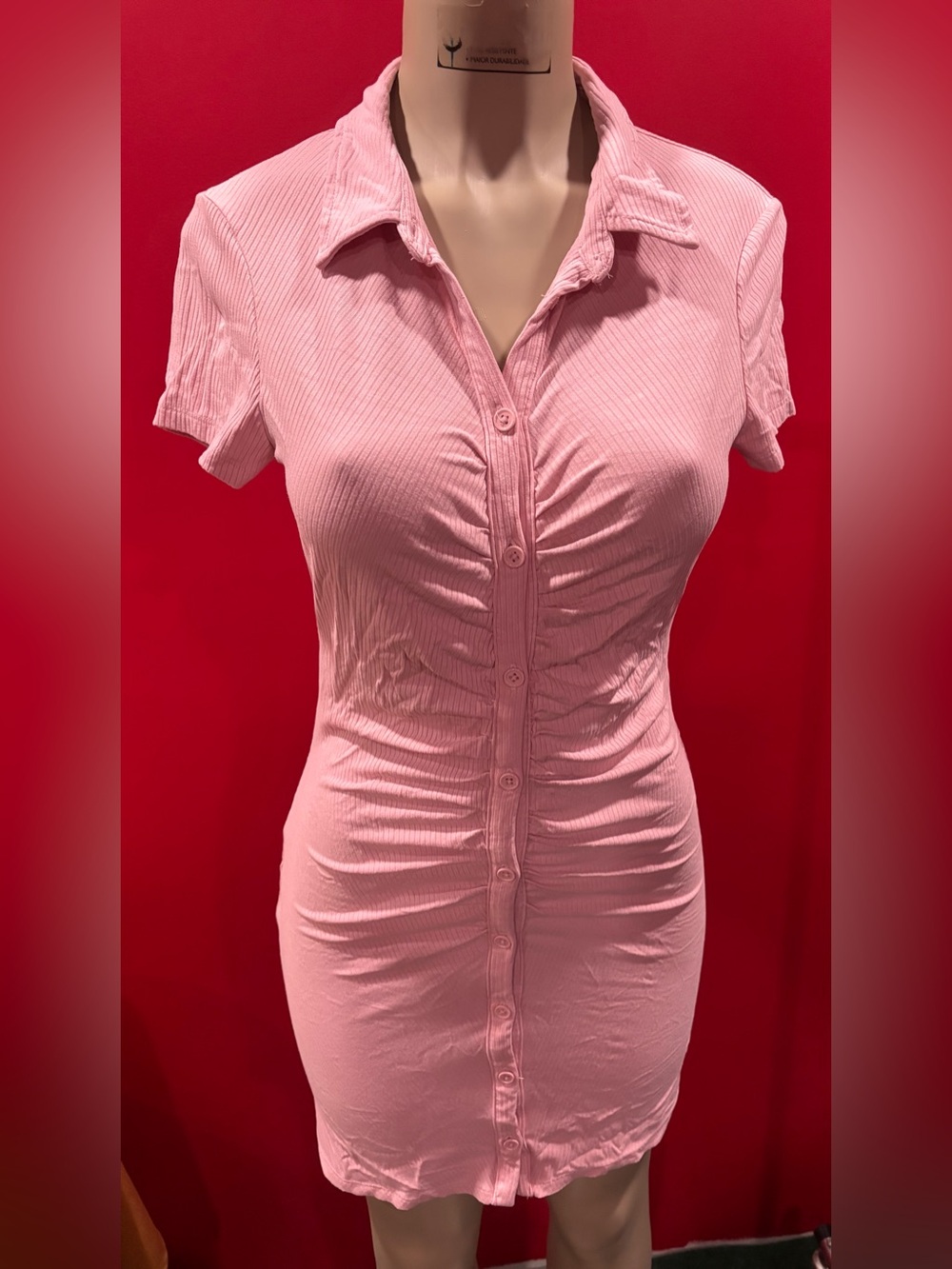 Pink Ruched Button-Front Short Sleeve Top